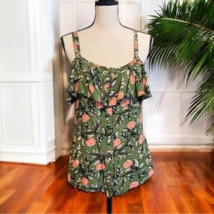 Red Leaf Green Floral Ruffle Button-Front Sleeveless Top – Size S